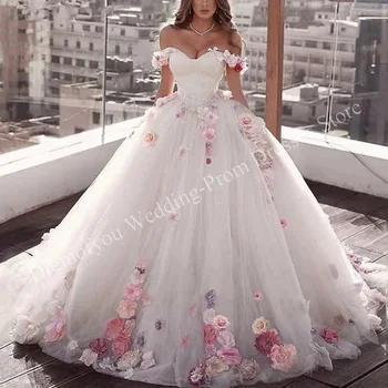 Свадебное платье с 3D Цветами для Женщин, Невесты 2023, С открытыми плечами, Длиной до пола, Элегантное Бальное Платье Vestido De Noiva Blanco Robe 2023